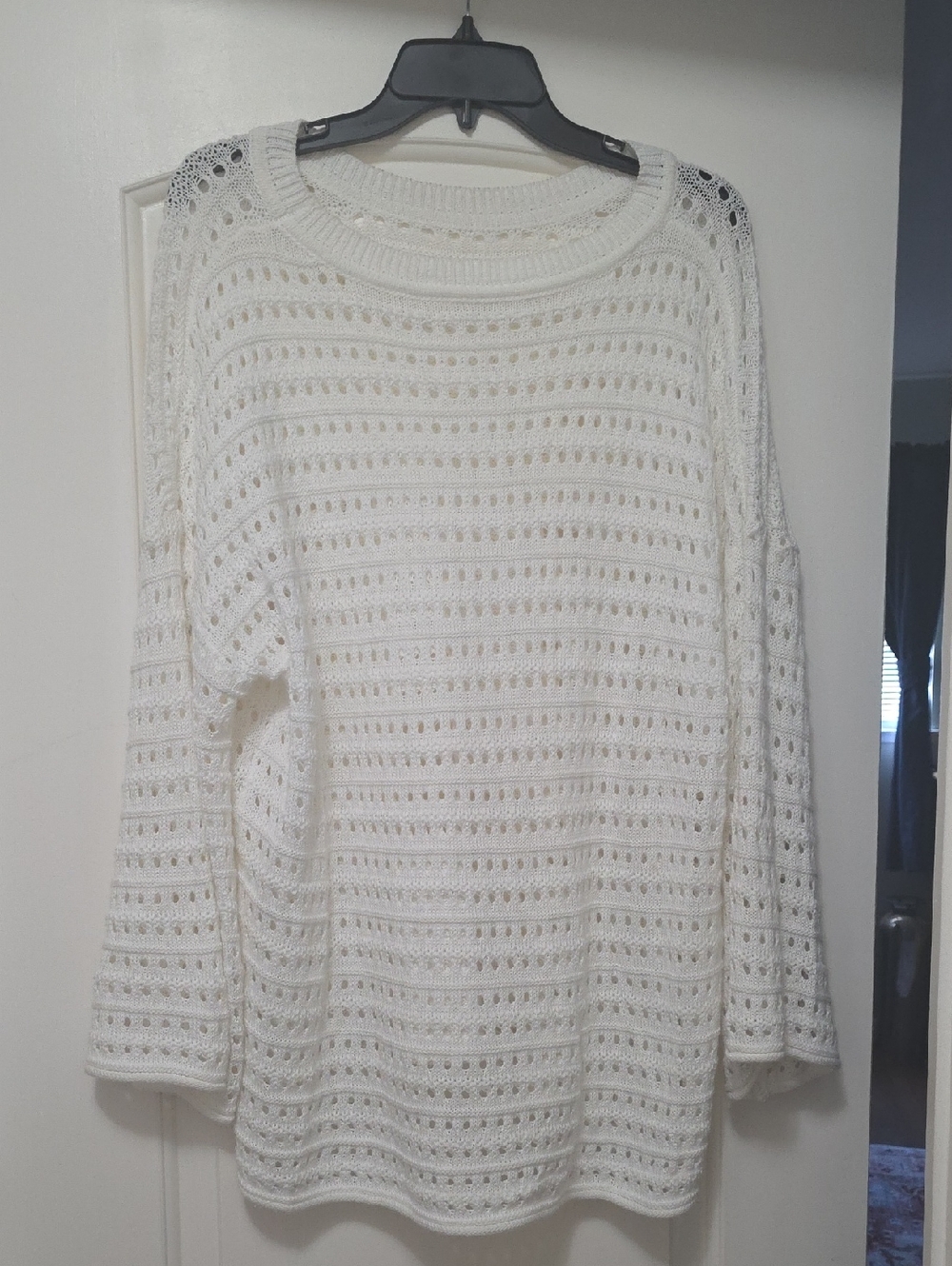 White Open-Knit Women’s Sweater - Classic Crewneck
